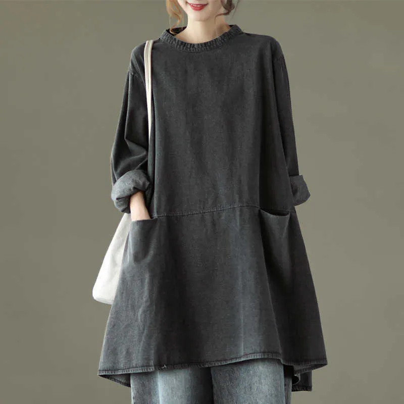 Casual Dresses Johnature Vintage Denim Women O-Neck Long Sleeve Pocket Loose Solid Color Clothing 2021 Autumn New Patchwork Dress Y2302