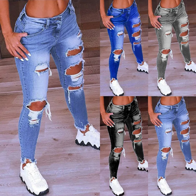 Women's Jeans Light Blue Ripped Jeans For Women Street Style Sexy Low Rise Distressed Trouser Stretch Skinny Hole Denim Pencil Pants 230310