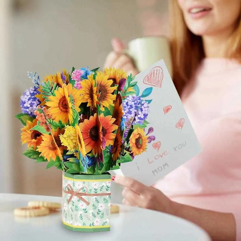 Hediye Kartları 3D POP UP CARD MOTHERS GÜN KARTI İLİ KAPALI POPUP TAZİK KARTLARI KAĞIT BOUQUET Boş Zarf ile Yıldönümü Aşk Romance Z0310