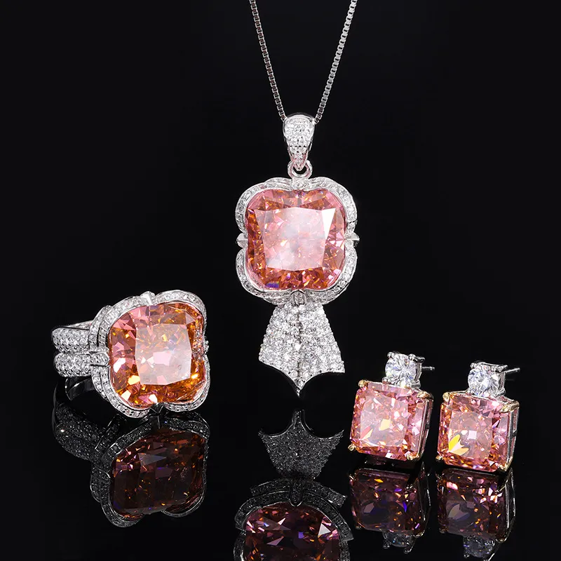 Vintage Padparadscha Diamant Schmuckset 100% echtes 925 Sterling Silber Eheringe Ohrringe Halskette für Frauen Brautschmuck