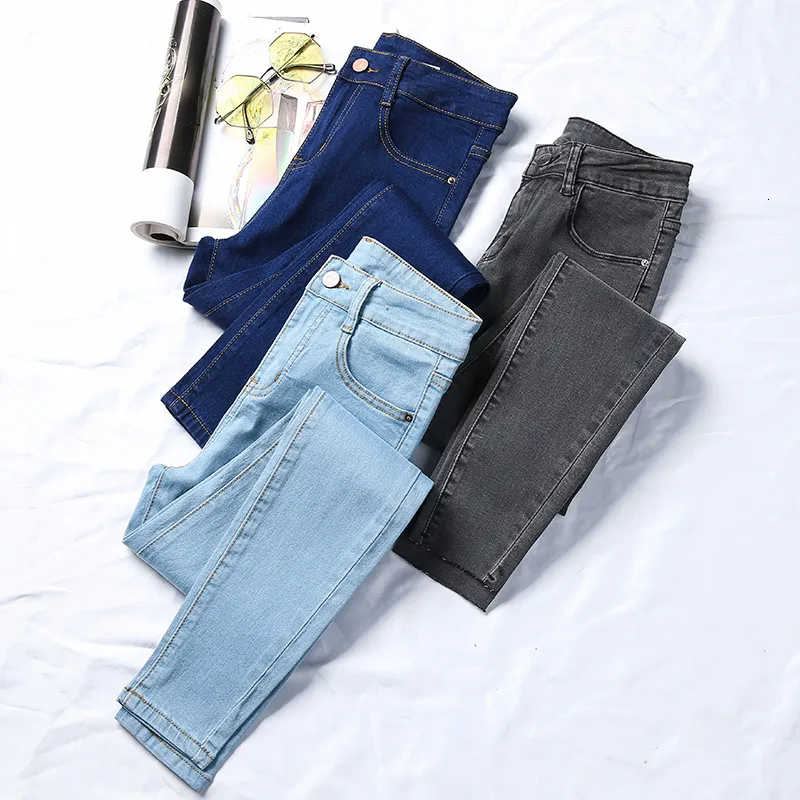 Jeans feminino jeans de lápis de primavera para mulheres jeans de cintura skinny mulher calça de jeans azul de algodão de algodão calça jeans de cintura rica em plus size 230310