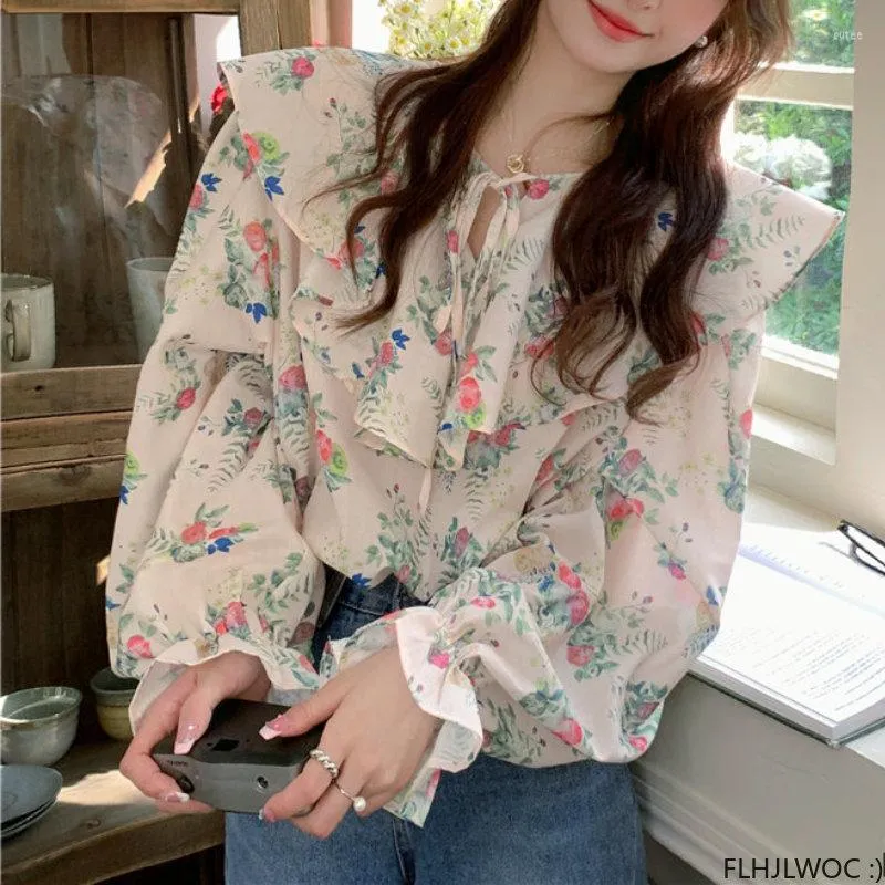 Kvinnors blusar vintage blommor tryck skjortor långärmad datum flickor söta söta båge kvinnor kora japan japan stil ruffled chic rosa toppar blusa