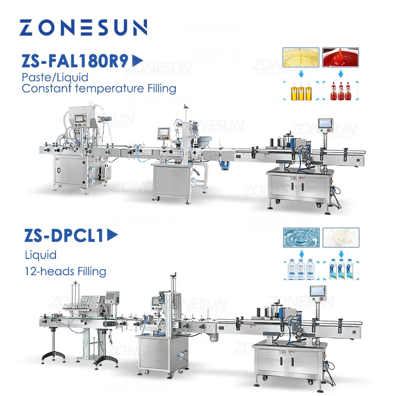 Zonesunカスタムプロダクションラインボトルリキッドペースト充填キャッピングラベリングマシンマルチヘッド定数加熱ZS-FAL180R9