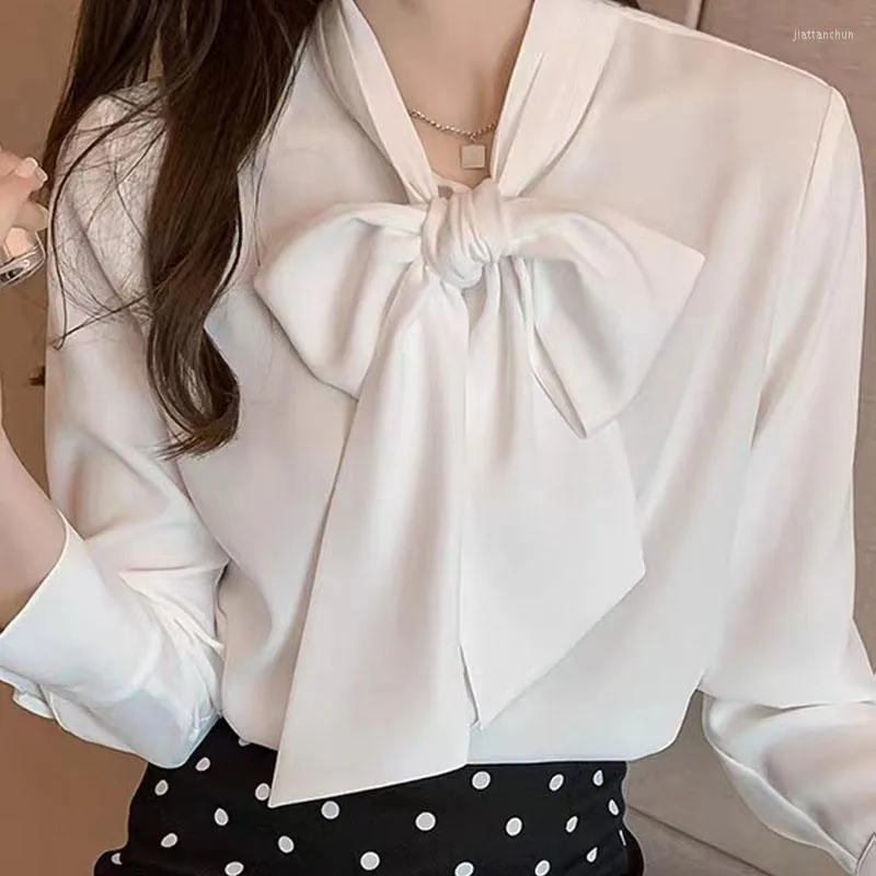 Blusas de mujer ropa femenina elegante 2023 primavera vendaje gran arco blanco camisa de manga larga mujer profesional drapeado gasa Top