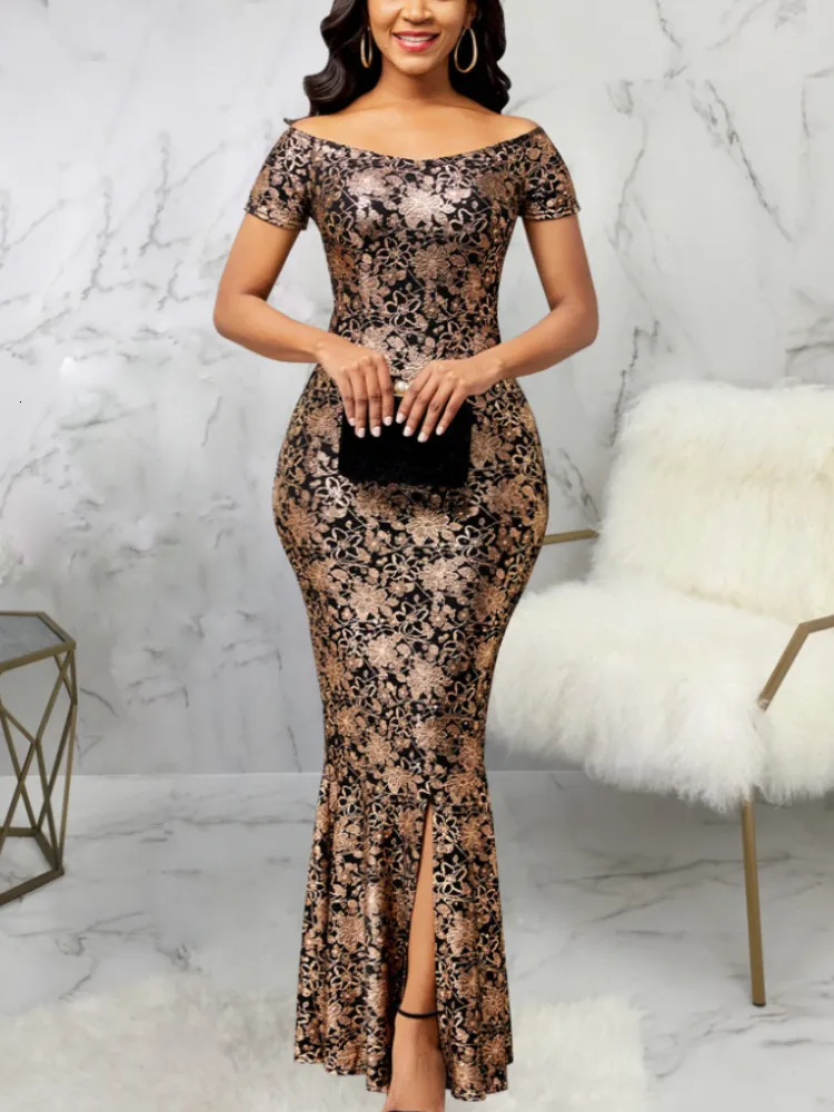 Casual Dresses Sexy Floral Print Dress Fashion Spring Slim Fit Off Shoulder Slit Robes Femme Elegant African Ankle Length Retro Evening Party 230309