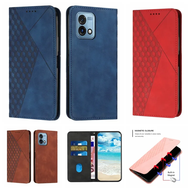 Diamant lederen portemonnee kisten voor Motorola G53 G 5G E13 E73 X40 Pro Edge 2023 Moto G72 E22 G Stylus 5G 2023 Huidgevoel Kubus Kaarthouder Flip Cover Suck Magnetic Sluiting Pouch