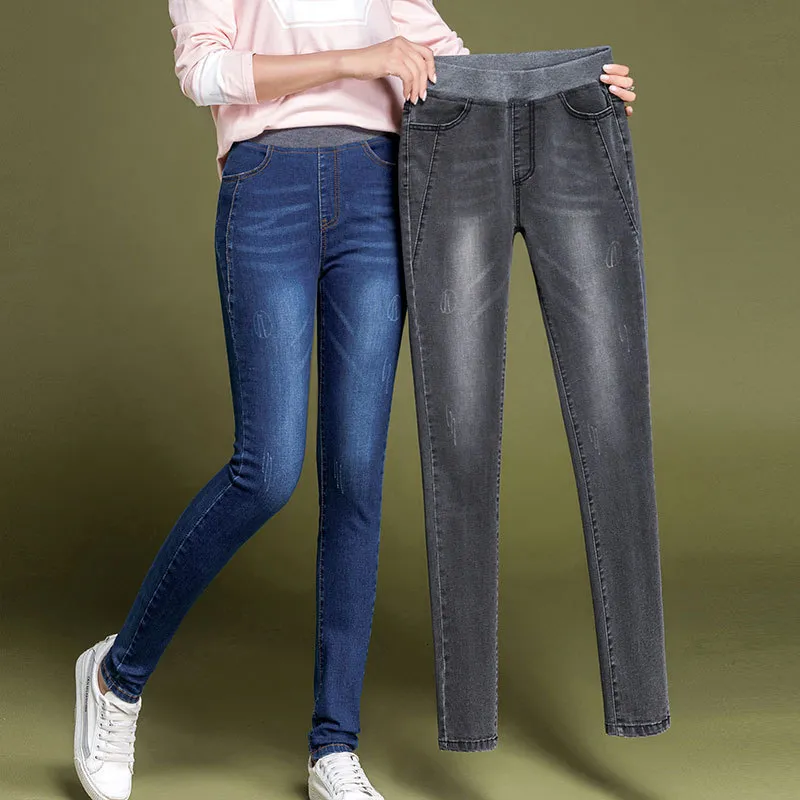 Kvinnors jeans Kvinnors enkla solida elastiska höga midja mager jeans kläder 36 38 mode kvinnor svart blå smal mamma jeans stretch denim byxor 230310