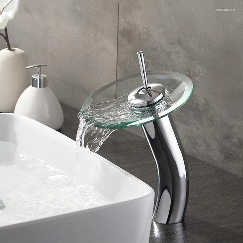 Robinets de lavabo de salle de bain Robinet de bassin en verre Cuivre Chrome Lavabo haut / bas Centres à poignée unique Robinets mélangeurs froids en cascade