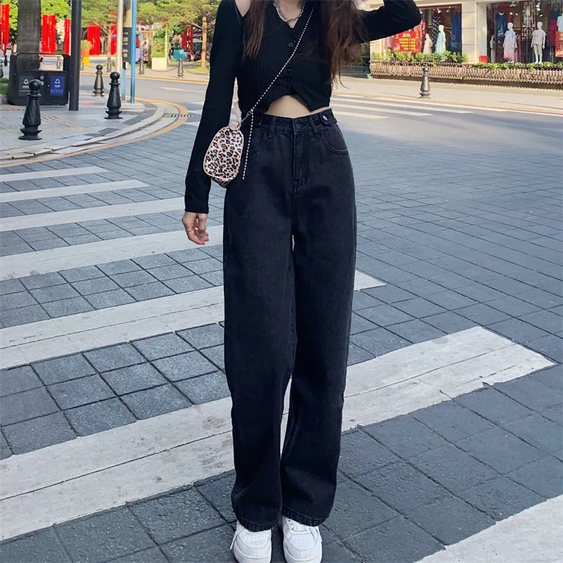 Women's Jeans Jeans Woman Black All-match Streetwear Casual Denim Trousers Spring Stright High Wasit Long Pants Students 230310