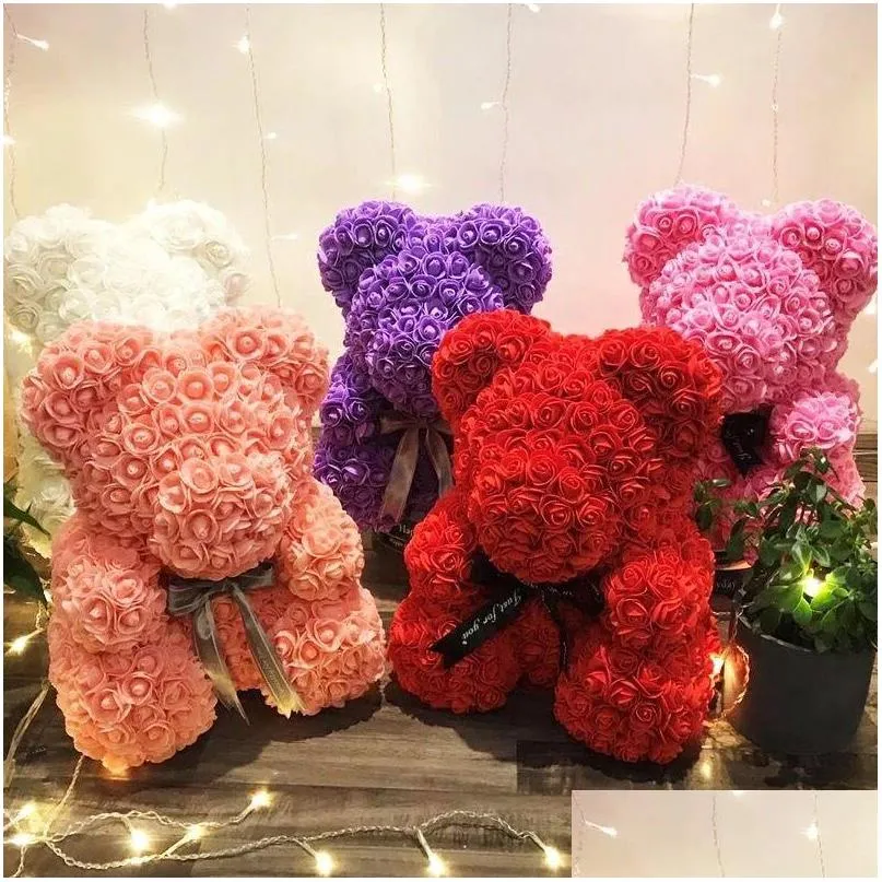 Stuffed Plush Animals Artificial Flowers Pe Rose Bear Toys Valentines Day Gift Romantic Teddy Bears With Box Doll Girlfriend Prese Dhmsf