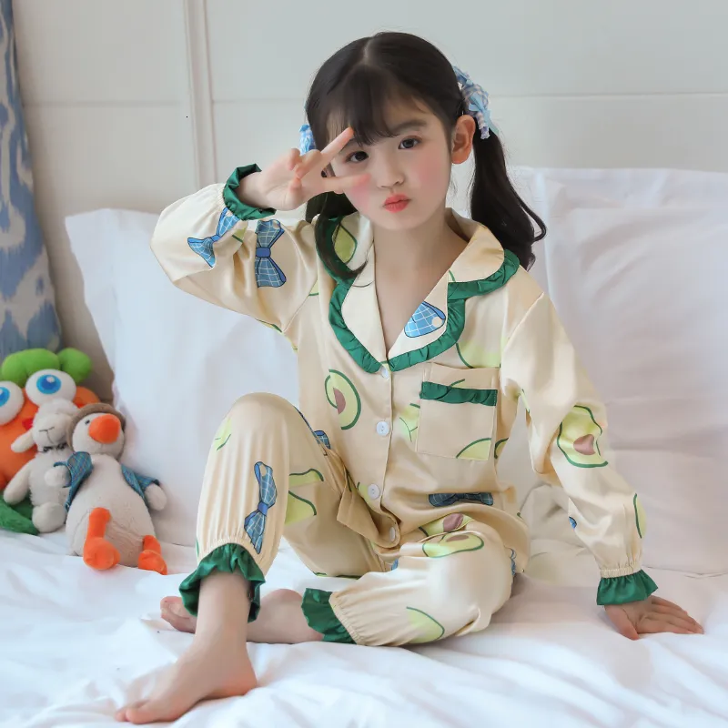 Pajamas Children Pajamas Set Silk Satin Homewear for Kids Casual Printed Girls Sleepwear Spring Summer Boys Tracksuit Youth Wear 230310