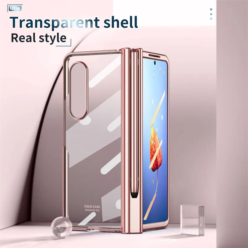 Caixa de telefone de vidro dobrável com dobradiça com dobradiça para Samsung Galaxy Z Fold 3 Fold2 Fold 4 5g Tampa traseira com caneta Stylus