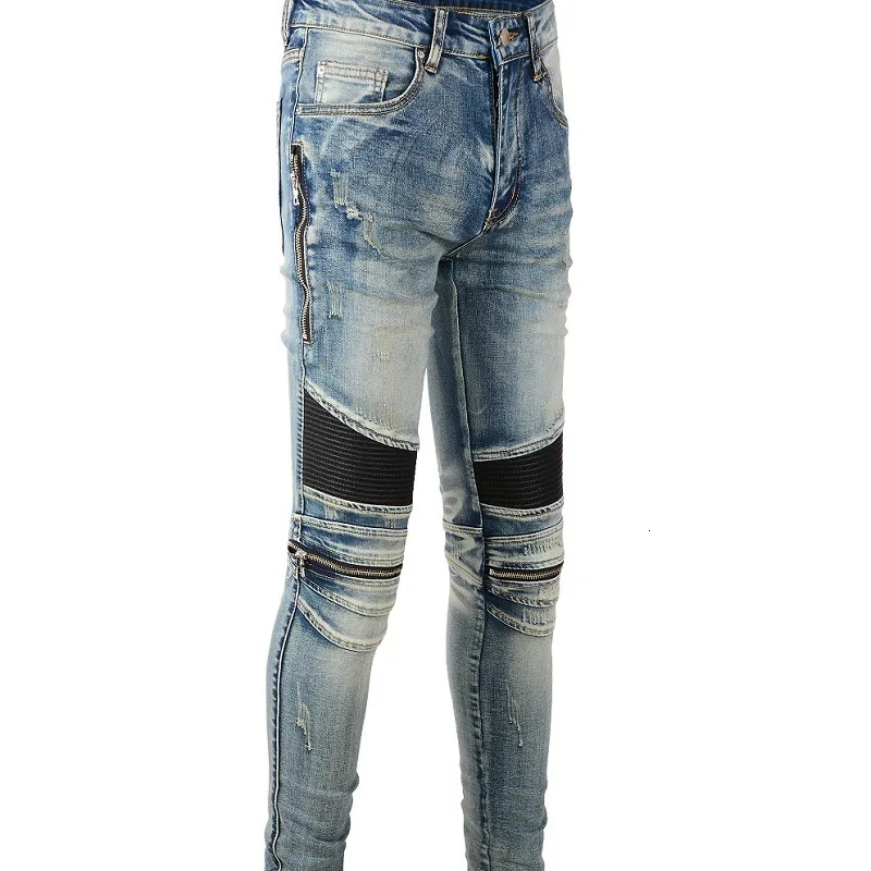 Herrenjeans A606, Biker-Jeans, Rippen, Reißverschlüsse, schmal, PU-Leder, zerrissen, Patch-Arbeit, blau gewaschener Stretch-Denim, Motor-Jeans, Größe 2840, 230309