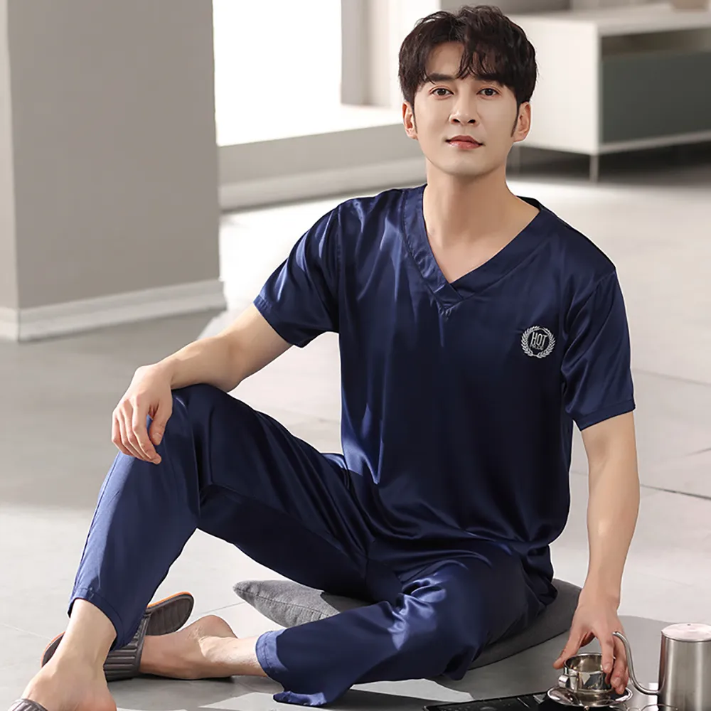 Men's Sleepwear Casual V pescoço de seda sólida pijamas pijama masculino define o verão respirável de manga curta tops para dormir pijama masculino 230310