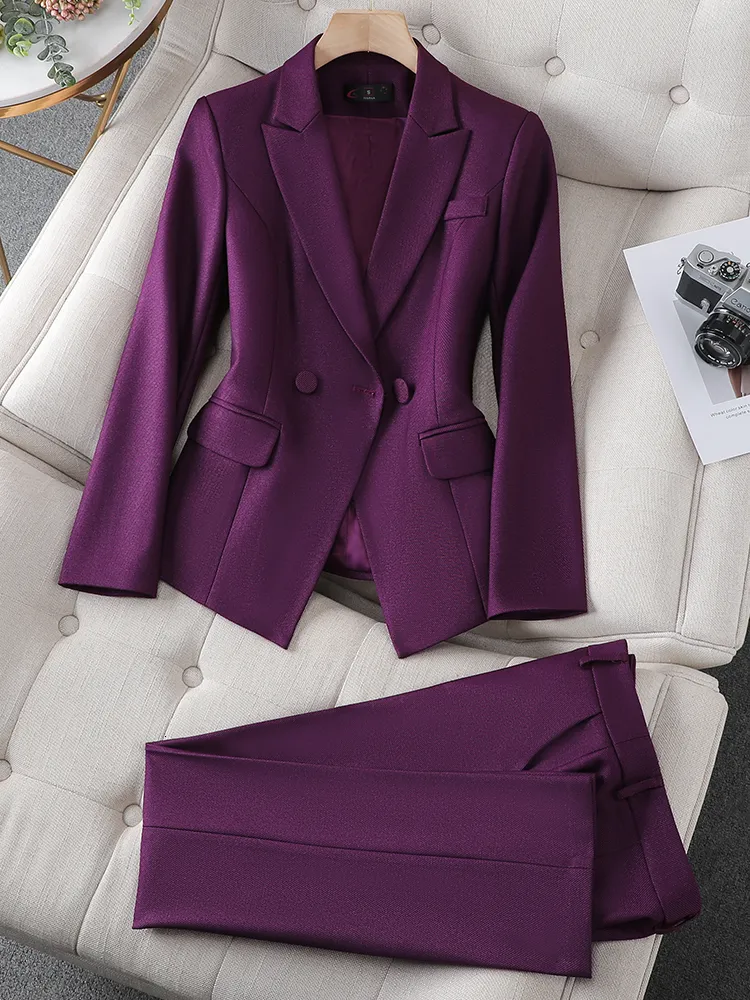 Damespakken Blazers Black Green Purple Blue Blazer en Pant Suit Formele vrouwen Dames Lange Mouw Business Work Wear 2 -delige set voor Autumn Winter 230310