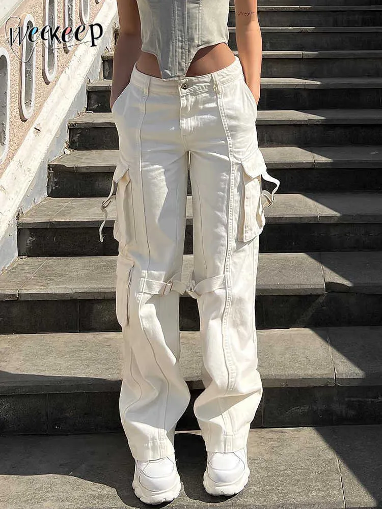 女性用パンツカプリウィーキープストリートウェアホワイトジーンズ2000年代ポケットデニムカーゴパンツローライズカジュアルカプリバギーY2K美的女性ズボンL230310