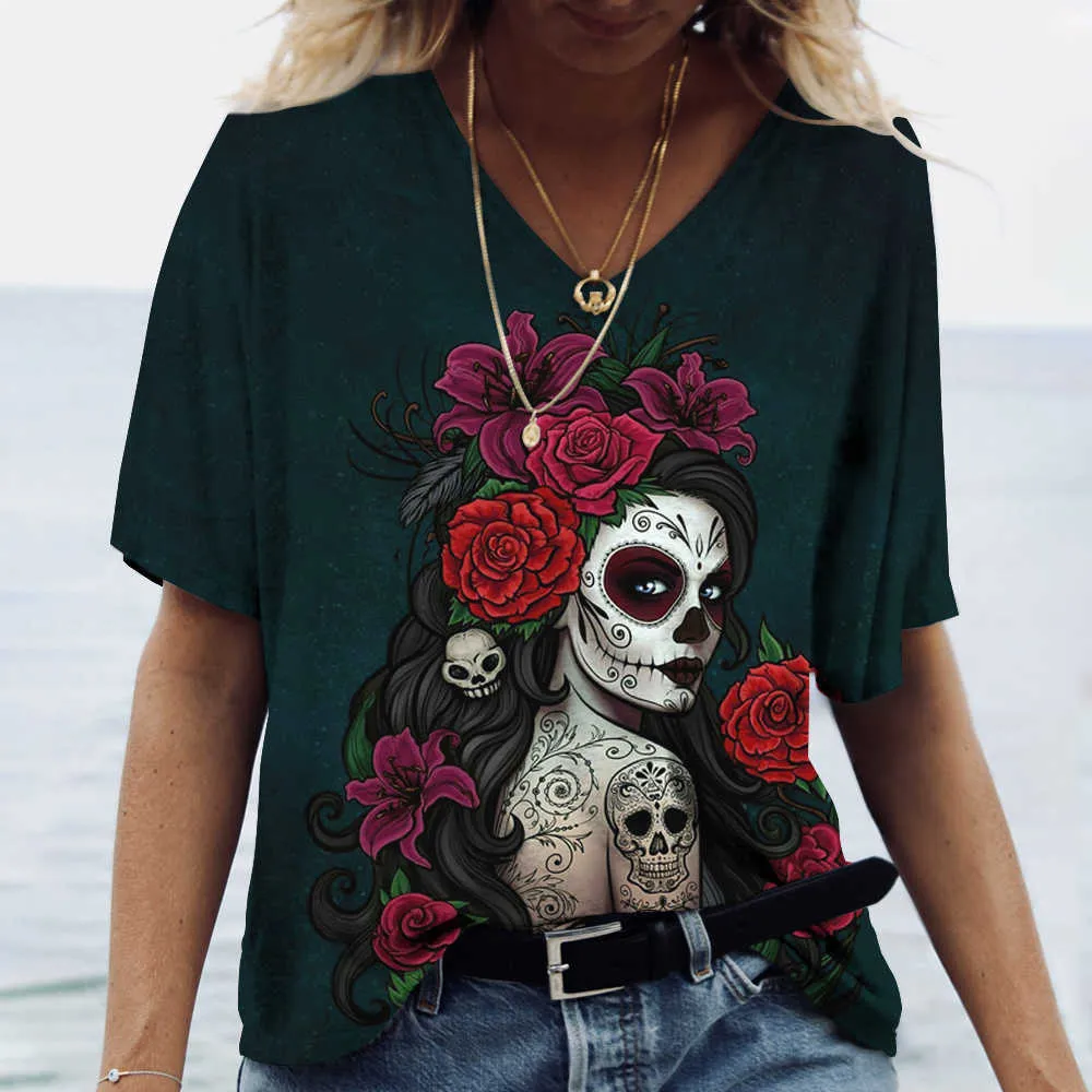 Women's T-Shirt New Ladies T-Shirts Skull Beauty Print Harajuku y2k Streetwear Day of the Dead Clothing Tops Women Plus Size Clothing Summer 6xl