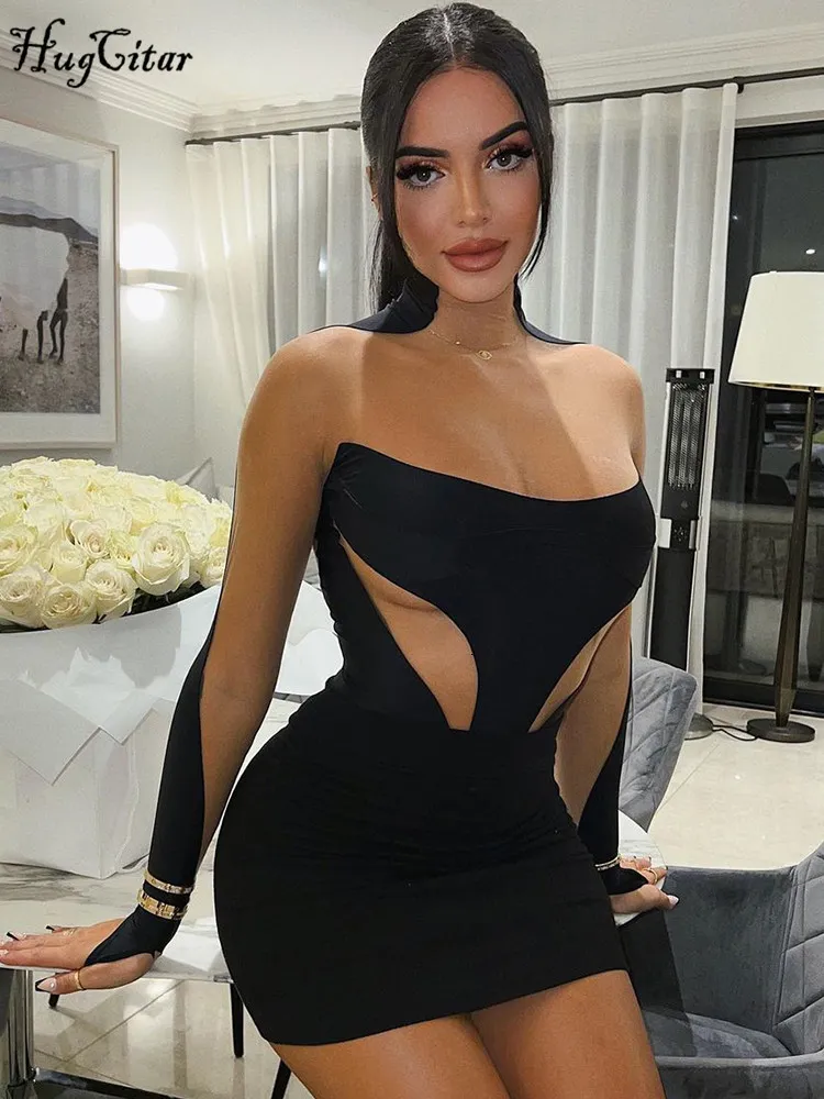 Casual Dresses Hugcitar Women Fashion Long Sleeve Patchwork Mesh See Through Sexy BodyCon Mini Dress Winter Evening Party Club Y2K kläder 230309