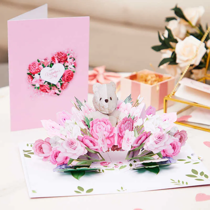 Presentkort 3D Pop Up Flower Greeting Wedding Invitations Card Mothers Day Easter Postcards Sweethearts Rose Bear Pop Up Card Z0310