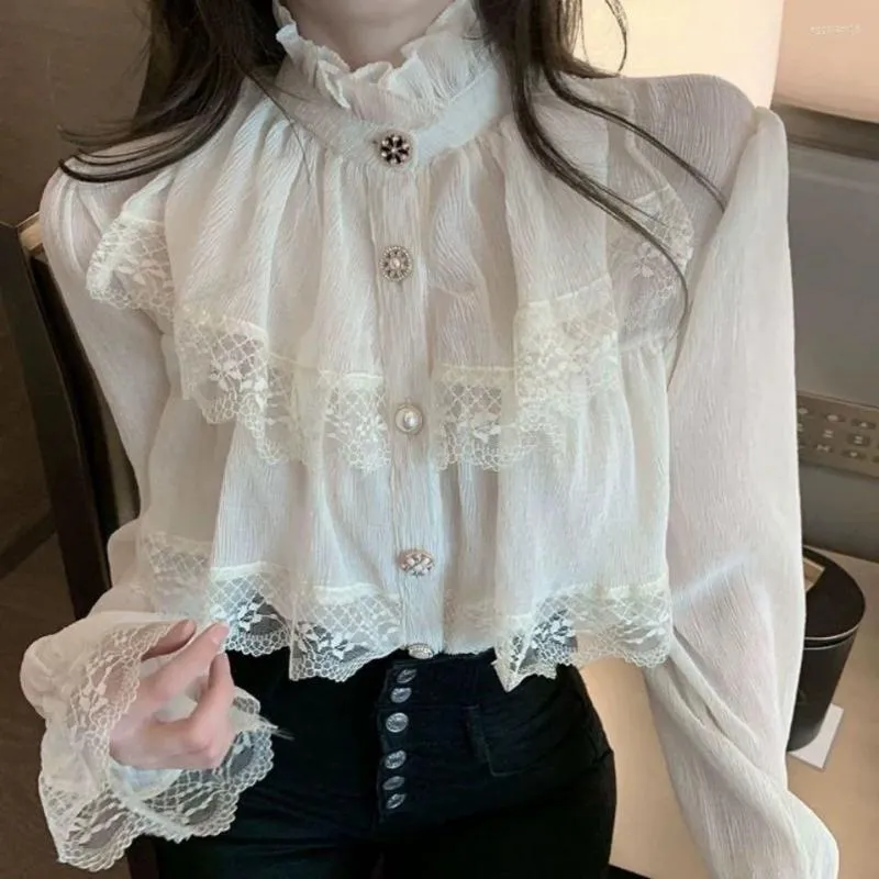 Women's Blouses Elegant Fashion Stand Collar Chiffon Shirts Korean Vintage Women Blouse Blusas Long Sleeve Ruffles Lace Femme Tops S9191