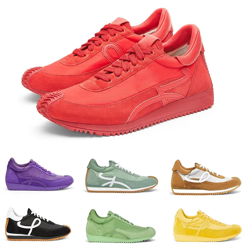 Mens Womens Casual Shoes Flow Runner Nylon Suede Lace up Sneaker Bouganville Tan Grey Yellow Soft Upper Honey Rubber Sole
