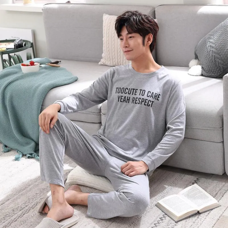 Men's Sleepwear Men Pajama Cotton Gray O-neck Long Sleeve Home Clothes Plus Size L-3XL Pijama Male Underwear Set Pyjamas Nightwear
