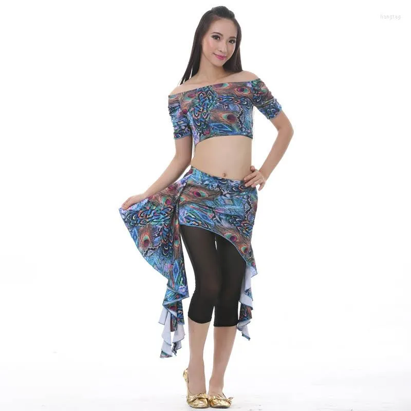 Stage Wear 6 Colors Fashion Women Dance Clothig Peacock Pattern Skirts Belly Costume 3pcs Set Top Skirt Pants