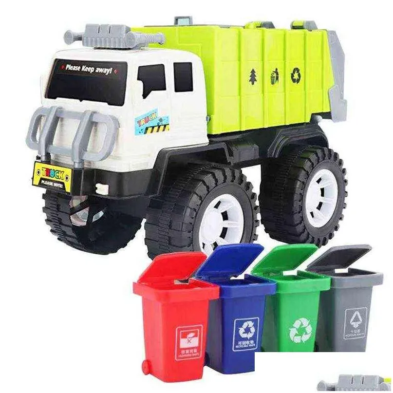 Diecast Model Cars Lixo com 4 latas de classificação Gerenciamento de resíduos Reciclagem de brinquedos de brinquedos infantis veículos Toys de lixo 0915 Drop dh79u