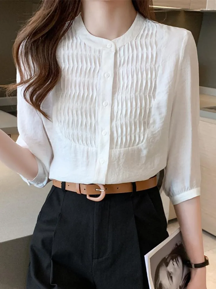 Damenblusen QOERLIN Halbarm Weiß Rosa Bluse Frauen O Neck Button Up Tops Koreanische Mode Sommer Chiffon Shirts Elegante Büro Damen