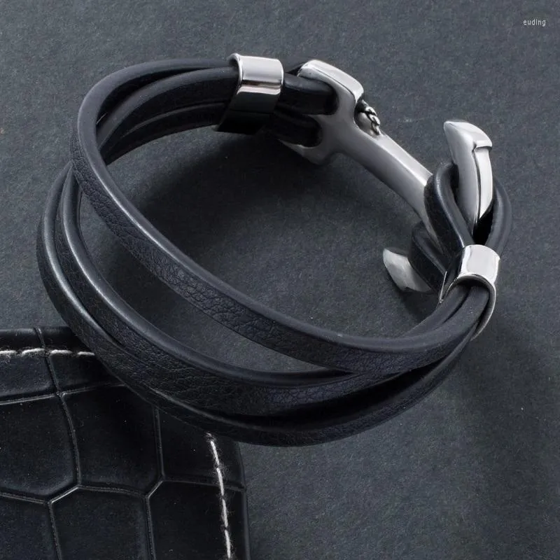 Charm Bracelets Vintage Black Leather Rope Bracelet Men Stainless Steel Easy Hook Buckle Bangle Wrap Fashion Jewelry Gifts