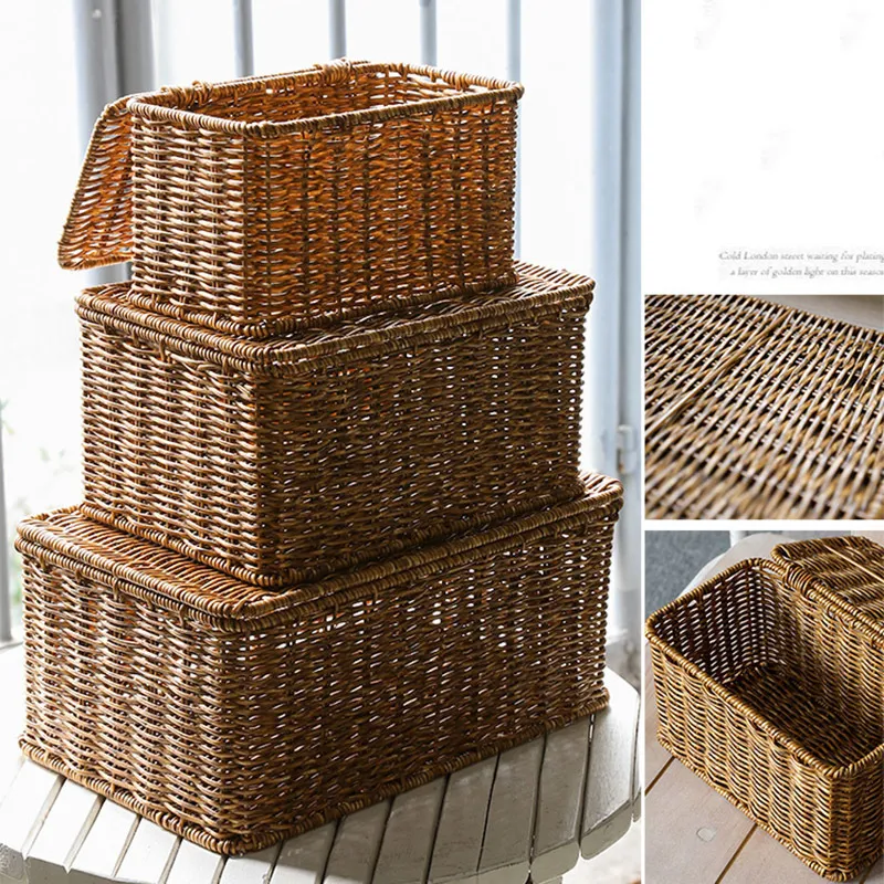 Woven Resin Wicker Storage Basket Hamper - Medium Rectangular Box Organizer For Laundry, Stairs, Shelves
