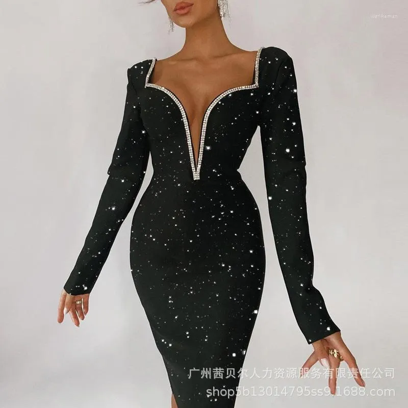 Robes décontractées femmes taille haute robe soirée à manches longues paillettes plongeant strass décor fente Sexy col en V