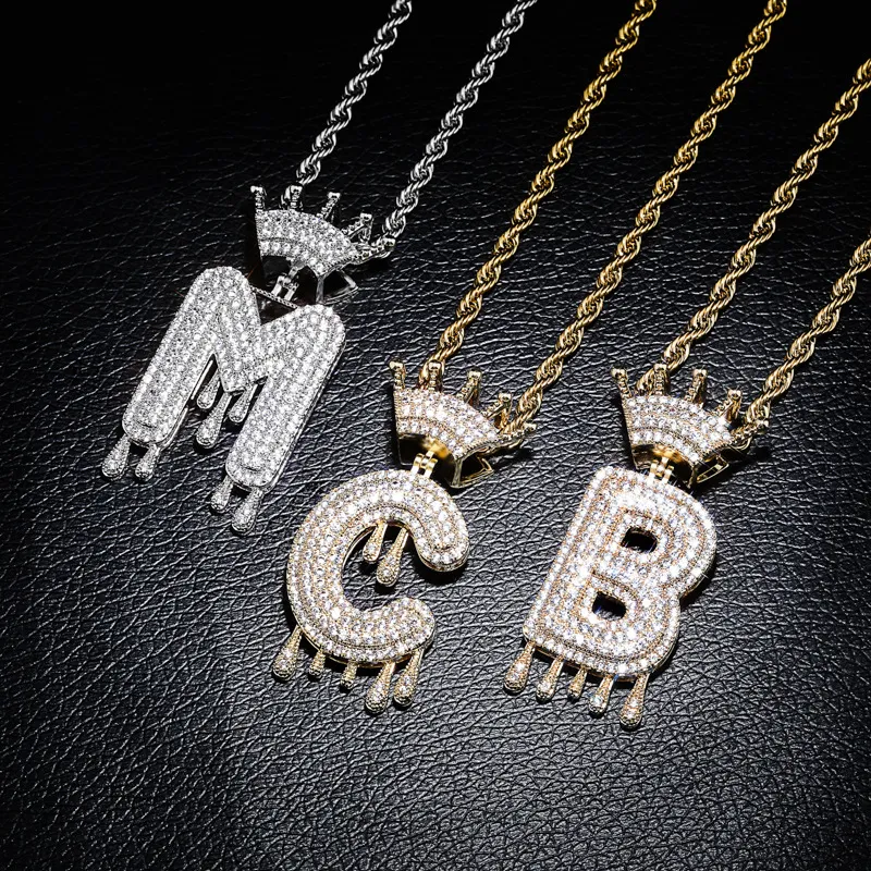 Iced Out Crown Letter Necklaces Gold Silver Drip A-Z Initial Pendant with Twisted Rope Chain for Men Women Fashion CZ Cubic Zirconia Hip Hop Punk Jewelry Gifts