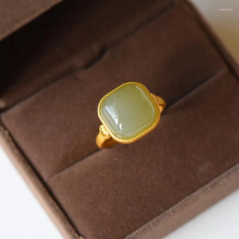 Klusterringar grön jade designer chalcedony smycken charm 925 silver justerbar ring mode kinesiska gåvor kvinnor sten naturlig