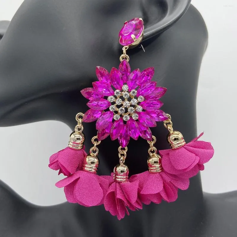 Orecchini pendenti Boho Flower Nappa per donna Grande ciondolo in cristallo con strass Orecchini con orecchini di moda