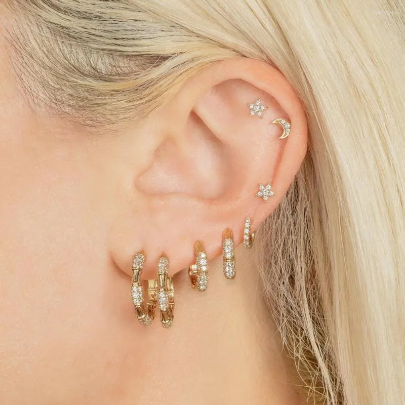 Boucles d'oreilles créoles Vintage femmes couleur or Micro incrusté Zircon bambou cerceaux Piercing Lobe Cartilage oreille accessoires bijoux KCE196
