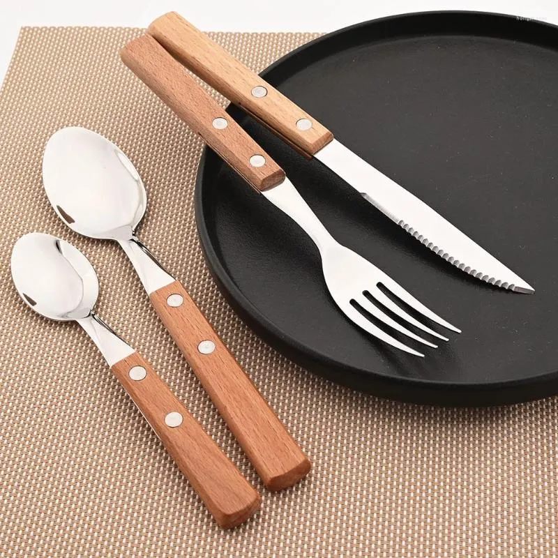 Dinnerware Sets 4/1Pcs Wooden Handle Cutlery Set Mirror 304 Stainless Steel Wood Spoon Knife Fork Dinner Tableware Kitchen