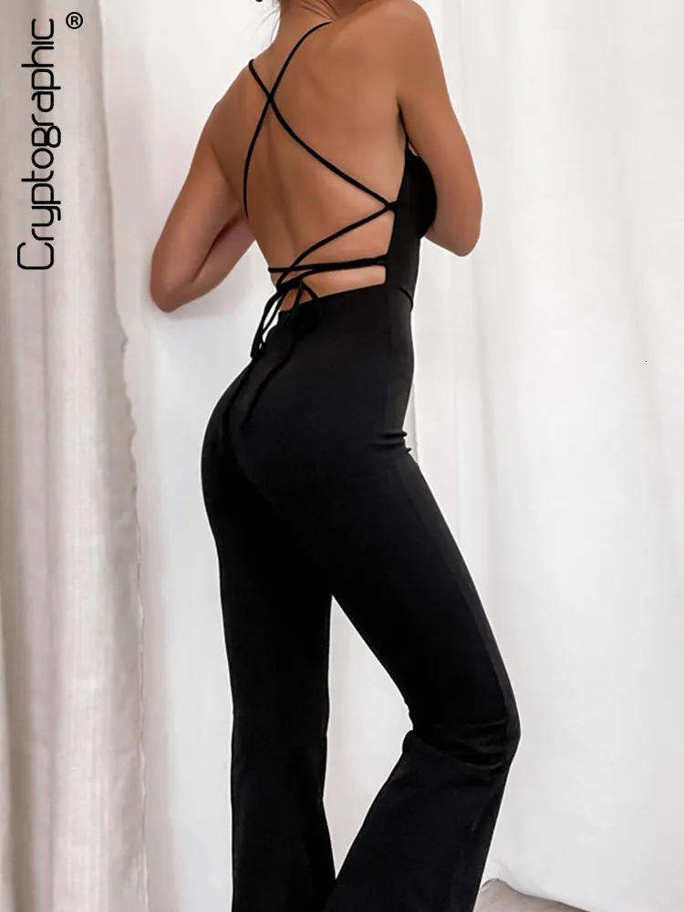 Mulheres Macacões Macacões Cryptographic Moda Elegante Bandage para Mulheres Flare Pant Bodycon Sexy Backless Macacões Sem Mangas 230308