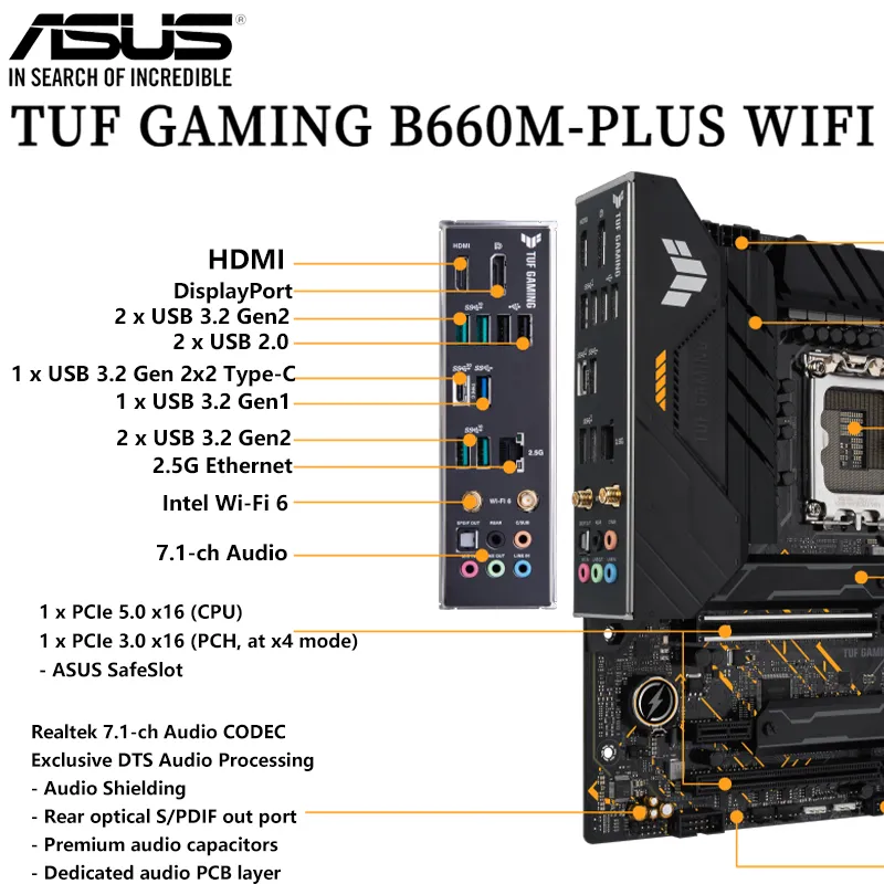 Carte mère LGA 1700 ASUS TUF GAMING B660M-PLUS WIFI Prise en charge des processeurs Intel Core 13e et 12e génération DDR5 128 Go Carte mère PCI-E 5.0 M.2