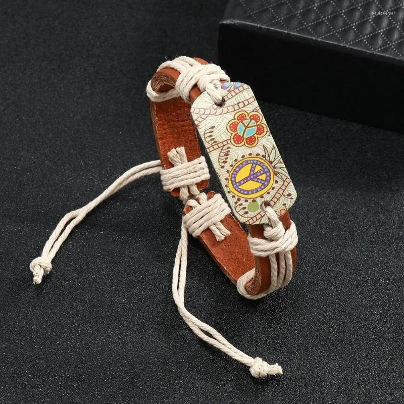 Strand Vintage Brown Peace Sign Leather Bracelet Handmade Woven Adjustable Flower Print For Men Wristband Couple Jewelry Gifts