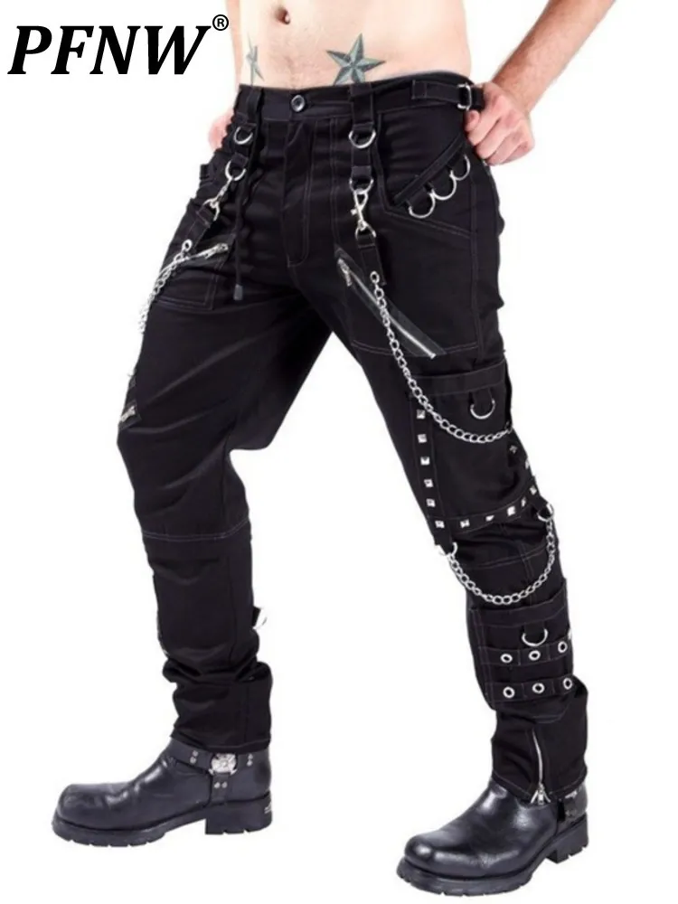 Men's Pants PFNW Punk Rock And Roll Show Pants Men's Gothic Dark Style Slim Metal Splic Pencil Trousers Autumn Skinny Clothing 230310