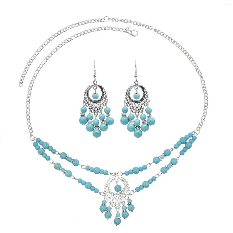 Collier Boucles D'oreilles Ensemble De Mode Tibétain Turquoise Perles Gland Tête Chaîne Pour Les Femmes Boho Antique Robe Nationale Casque Oreille Bijoux Cadeaux