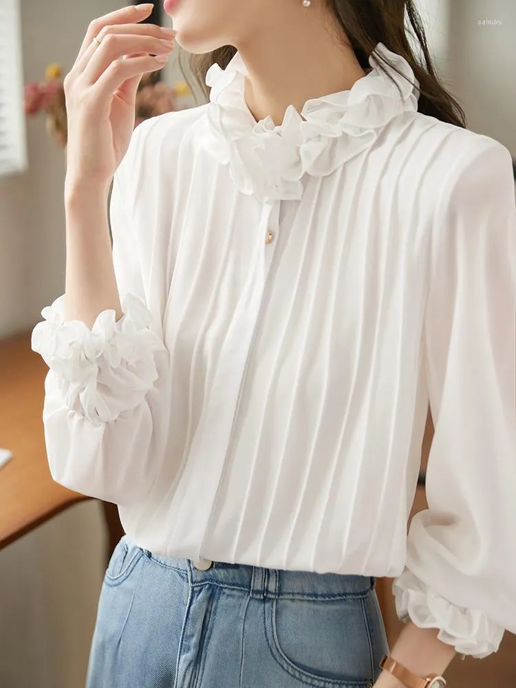 Chemisiers pour femmes QOERLIN Court Style Ruffles Design Haut de Gamme Chemises Blanches Femmes Élégant Bureau Dames À Manches Longues Boutonné Blouse S-XXL