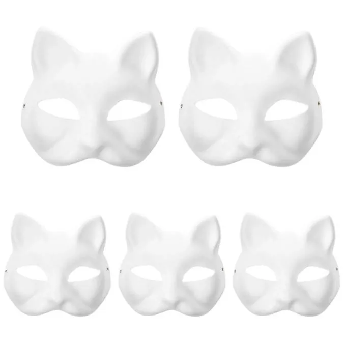 5pcs猫フェイスハーフフェイス未完成のペイント可能な紙マスクパーティーハロウィーンコスプレのための空白マスクマスクマスクマスクマスクマスク