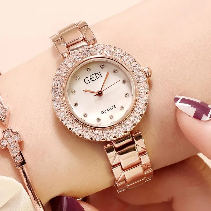 Relojes de pulsera de lujo para mujer, reloj de cuarzo con diamantes, correa de reloj de acero inoxidable y oro rosa, vestido de ocio, reloj de pulsera, envío directo