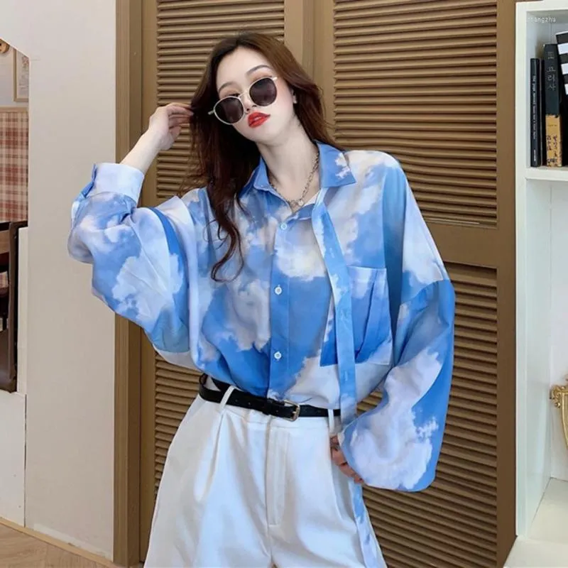 Women's Blouses BF Rendering Blouse Women Korean Harajuku Loose Blue Sky White Clouds Tie-dye Gradient Oversize Shirt Long Sleeve