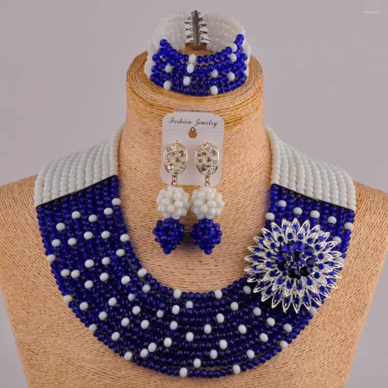 Necklace Earrings Set White And Royal Blue Nigerian Wedding African Beads Jewelry Crystal 10SZ