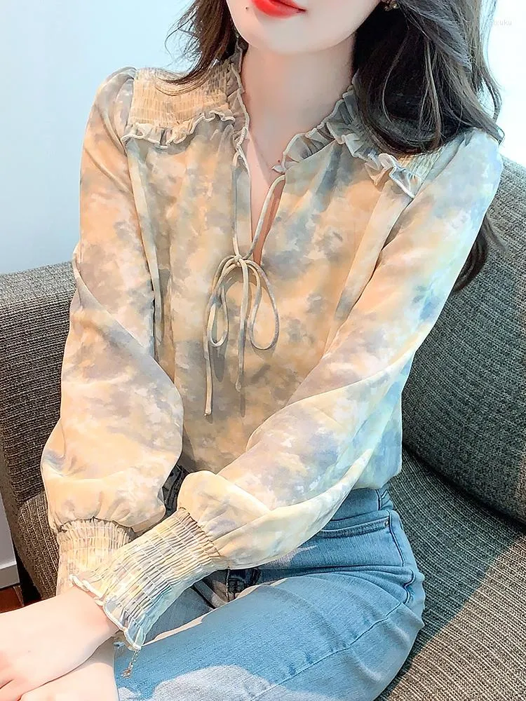 Bluzki damskie Qoerlin wydrukowane marszki bluzki kobiety szyfonowe koszule Koreańska moda koronkowa wiosna jesień luźna 2023