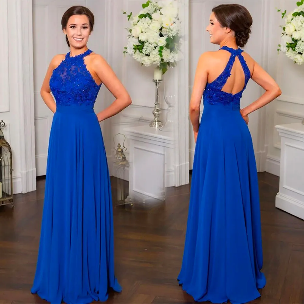 Bridesmaid Dresses Plus Size Royal Blue Gown Formal For Weddings A Line Sleeveless Floor-Length Chiffon New Zipper NONE Train O-Neck Applique Custom Pleat