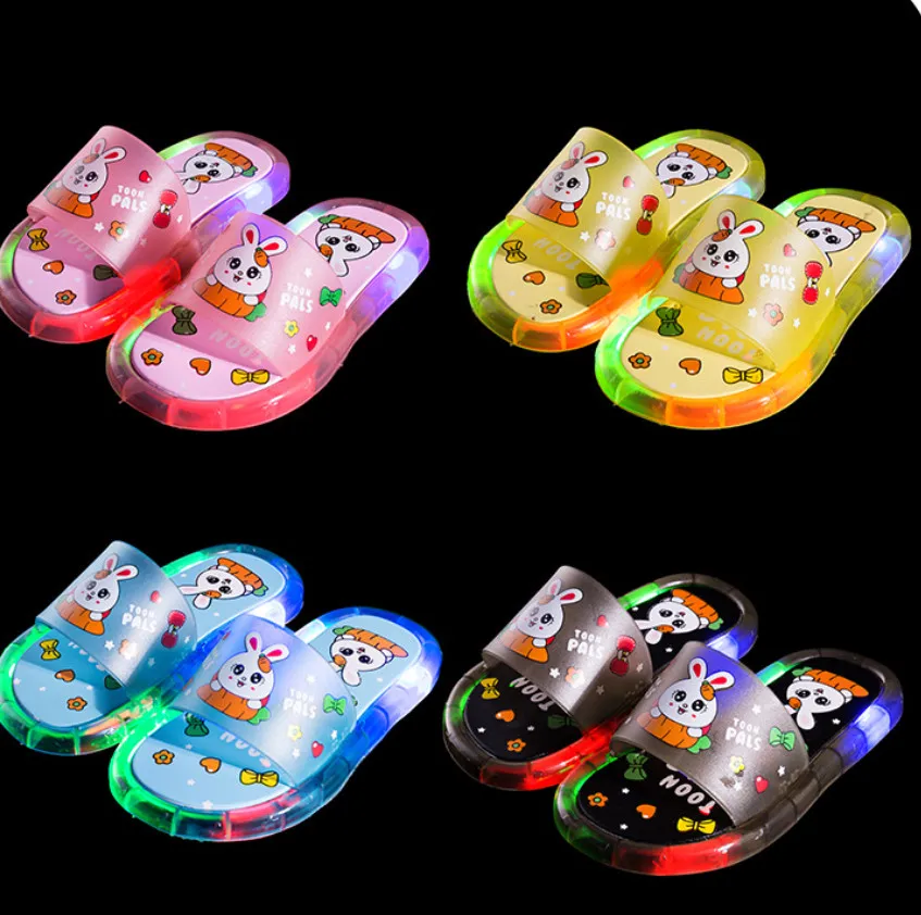 The latest luminous children shoes strawberry glass slipper shining lamp slippers many styles to choose from support custom logo
